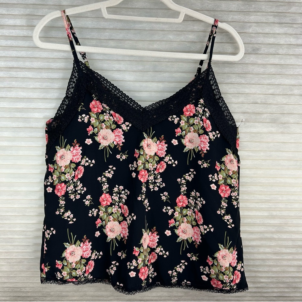 Streetwear Society Floral Black Lace Trim Babydoll Cami Top Y2K Fairycore Whimsy